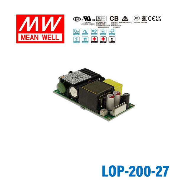 Mean Well LOP-200-27 200W 4"×2" Low Profile Open Frame Power Supply 27V