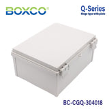 Boxco Q-Series 11.81 x 15.75 x 7.09 Inches(300 x 400 x 180mm) Plastic Enclosure, IP67, IK08, PC, Grey Cover, Plastic Hinge and Latch Type