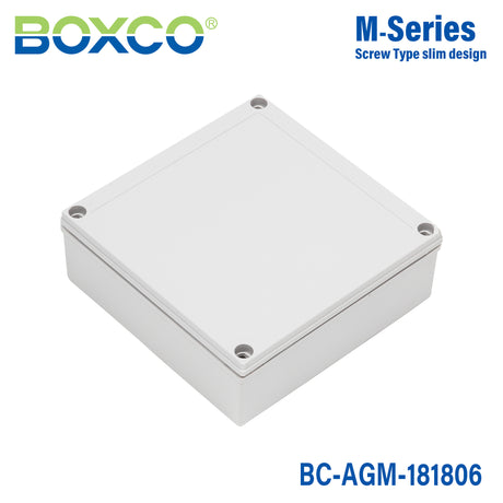 Boxco M-Series 7.09 x 7.09 x 2.36 Inches(180 x 180 x 60mm) Plastic Enclosure, IP67, IK08, ABS, Grey Cover, Screw Type