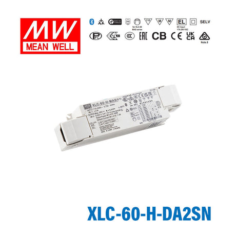 Mean Well XLC-60-H-DA2SN LED Driver 60W 1400mA 9~54V Constant Power, DALI2 + Push Dimming with Strain-relief, NFC Current Setting