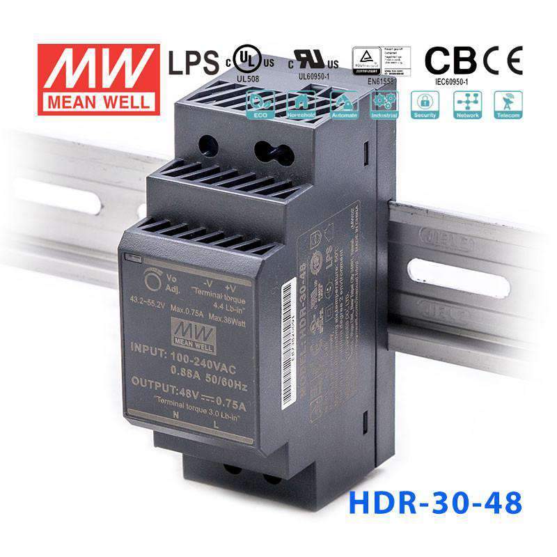Mean Well HDR-30-48 Ultra Slim Step Shape Power Supply 30W 48V - DIN Rail