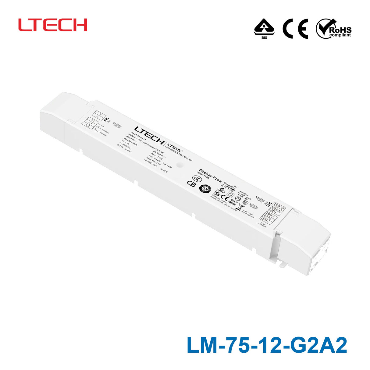 Ltech LM-75-12-G2A2 75W 12VDC CV LED Driver - 0/1-10Vdimmable