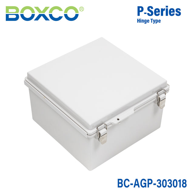 Boxco P-Series 11.81 x 11.81 x 7.09 Inches(300 x 300 x 180mm) Plastic Enclosure, IP67, IK08, ABS, Grey Cover, Molded Hinge and Latch Type