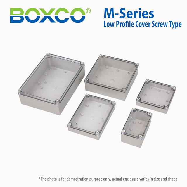 Boxco M-Series 7.09 x 10.04 x 3.94 Inches(180 x 255 x 100mm) Plastic Enclosure, IP67, IK08, PC, Transparent Cover, Screw Type