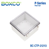 Boxco P-Series 8.27 x 8.27 x 5.12 Inches(210 x 210 x 130mm) Plastic Enclosure, IP67, IK08, PC, Transparent Cover, Molded Hinge and Latch Type