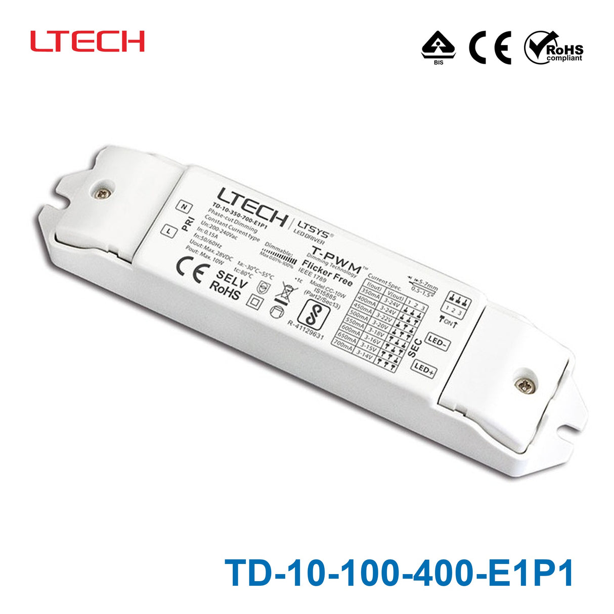 Ltech TD-10-100-400-E1P1 10W 100mA ~ 400mA CC Triac LED Driver - Selectable Output