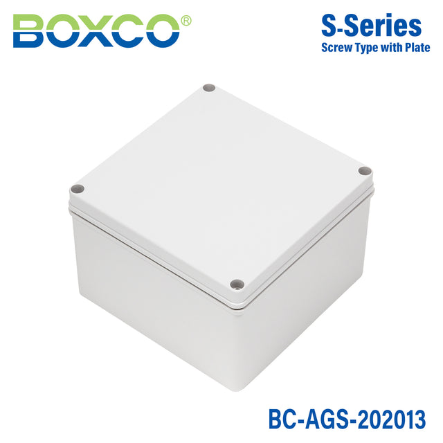 Boxco S-Series 7.87 x 7.87 x 5.12 Inches(200x200x130mm) Plastic Enclosure, IP67, IK08, ABS, Grey Cover, Screw Type