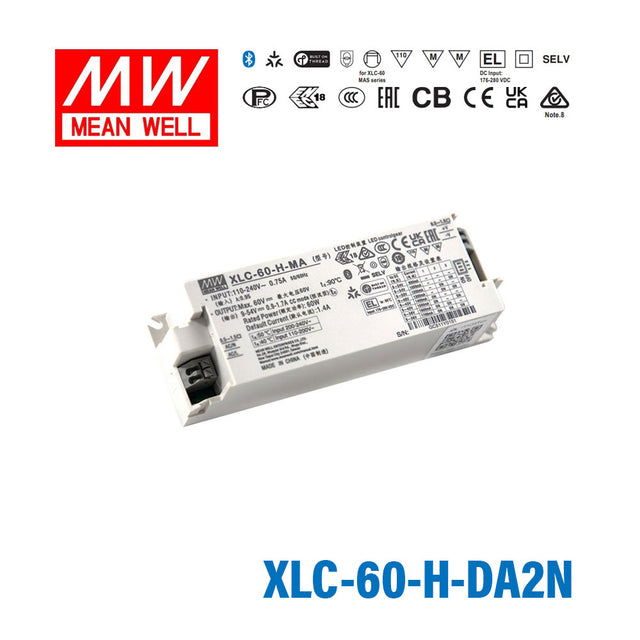 Mean Well XLC-60-H-DA2N LED Driver 60W 1400mA 9~54V Constant Power, DALI2 + Push Dimming, NFC Current Setting