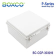 Boxco P-Series 11.81 x 11.81 x 5.91 Inches(300 x 300 x 150mm) Plastic Enclosure, IP67, IK08, PC, Grey Cover, Molded Hinge and Latch Type