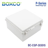 Boxco P-Series 11.81 x 11.81 x 5.91 Inches(300 x 300 x 150mm) Plastic Enclosure, IP67, IK08, PC, Grey Cover, Molded Hinge and Latch Type