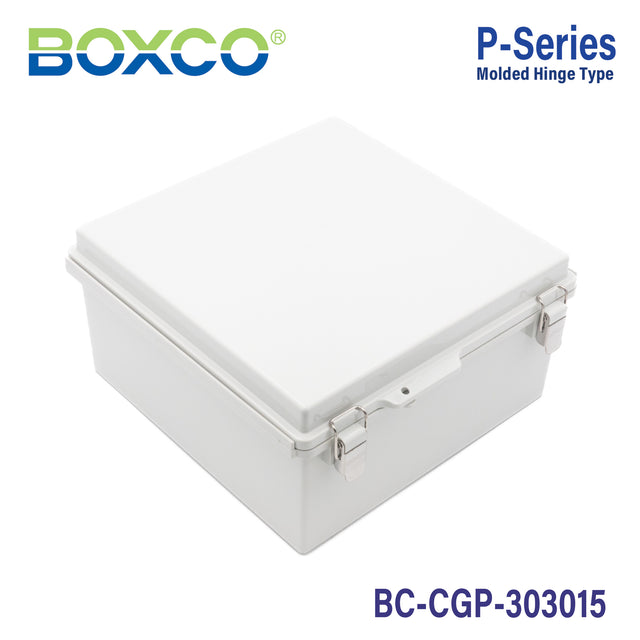 Boxco P-Series 11.81 x 11.81 x 5.91 Inches(300 x 300 x 150mm) Plastic Enclosure, IP67, IK08, PC, Grey Cover, Molded Hinge and Latch Type