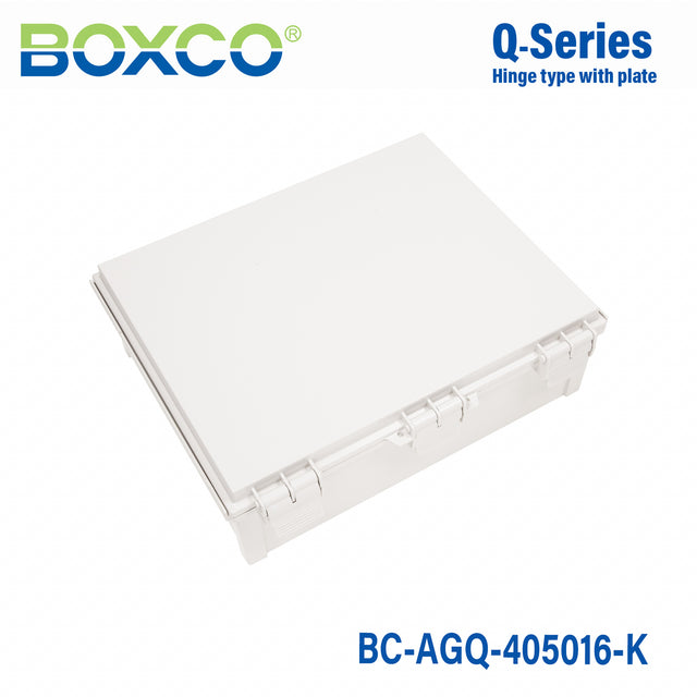 Boxco Q-Series 15.75 x 17.71 x 6.30 Inches(400 x 450 x 160mm) Plastic Enclosure, IP67, IK08, ABS, Grey Cover, Hinge Type with Plate