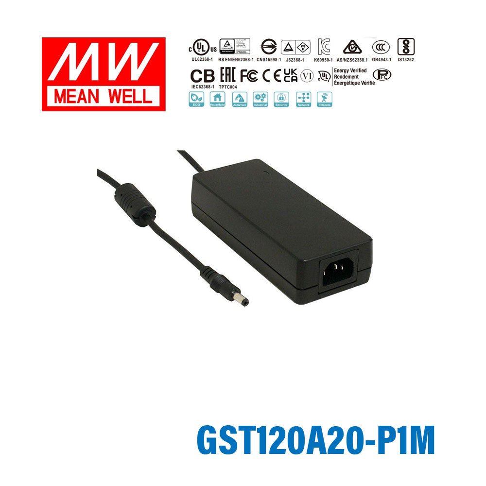 Mean Well GST120A20-P1M Desktop AC Adapters 120W 20V 6A Level VI 2.5x5.5plug