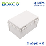 Boxco Q-Series 7.87 x 11.81 x 5.91 Inches(200 x 300 x 150mm) Plastic Enclosure, IP67, IK08, ABS, Grey Cover, Hinge Type with Plate