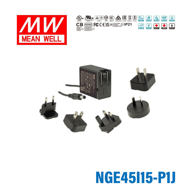 Mean Well NGE45I15-P1J AC-DC Wall-mounted Green Adaptor - Interchangeable Plug - 45W 15V 3A