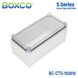 Boxco S-Series 7.48 x 14.96 x 7.09 Inches(190x380x180mm) Plastic Enclosure, IP67, IK08, PC, Transparent Cover, Screw Type