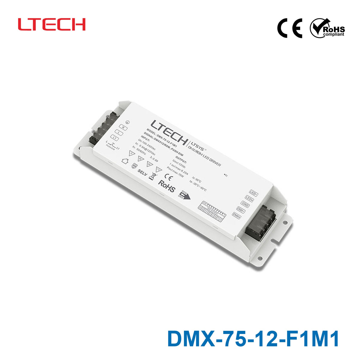 Ltech DMX-75-12-F1M1 75W 12VDC CV DMX LED Driver - DMX dimmable 6.25A