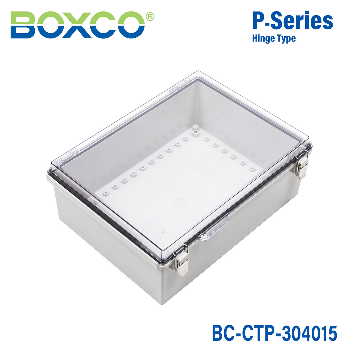Boxco P-Series 11.81 x 15.75 x 5.91 Inches(300 x 400 x 150mm) Plastic Enclosure, IP67, IK08, PC, Transparent Cover, Molded Hinge and Latch Type