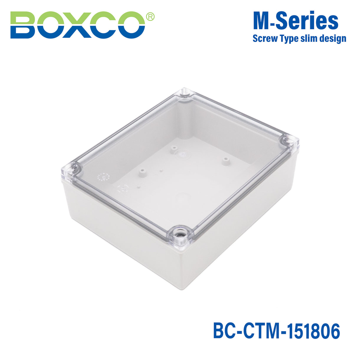 Boxco M-Series 5.91 x 7.09 x 2.36 Inches(150 x 180 x 60mm) Plastic Enclosure, IP67, IK08, PC, Transparent Cover, Screw Type