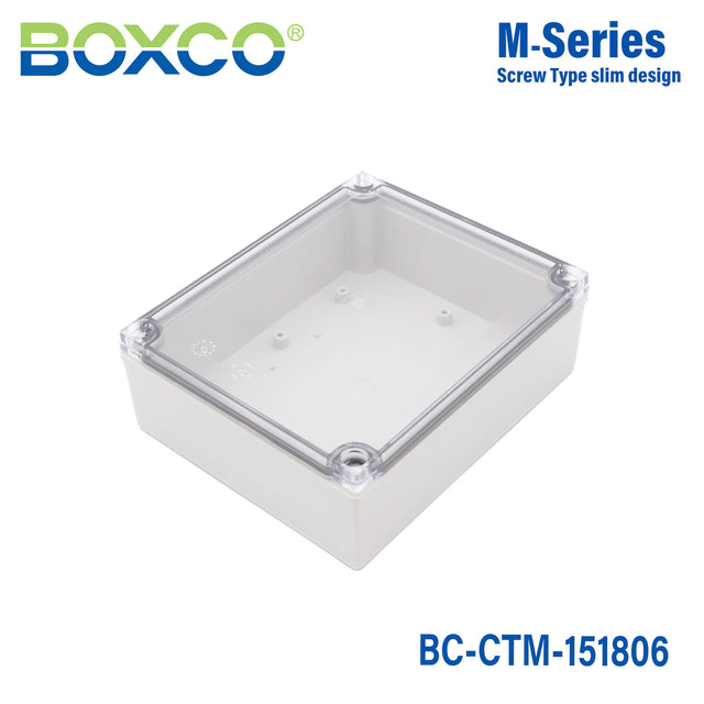 Boxco M-Series 5.91 x 7.09 x 2.36 Inches(150 x 180 x 60mm) Plastic Enclosure, IP67, IK08, PC, Transparent Cover, Screw Type