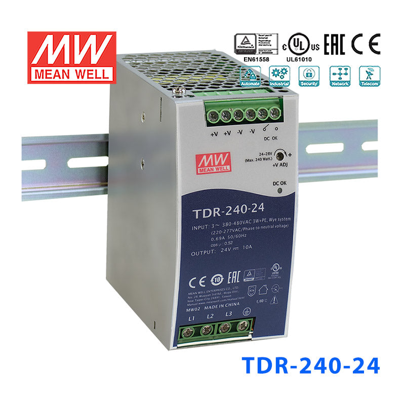 Mean Well TDR-240-24 Single Output Industrial Power Supply 240W 24V - DIN Rail