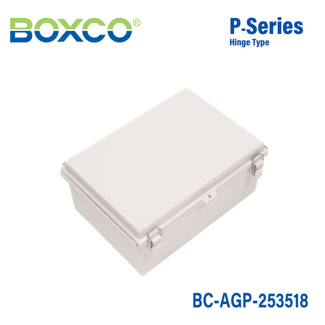 Boxco P-Series 9.84 x 13.78 x 7.09 Inches(250 x 350 x 180mm) Plastic Enclosure, IP67, IK08, ABS, Grey Cover, Molded Hinge and Latch Type