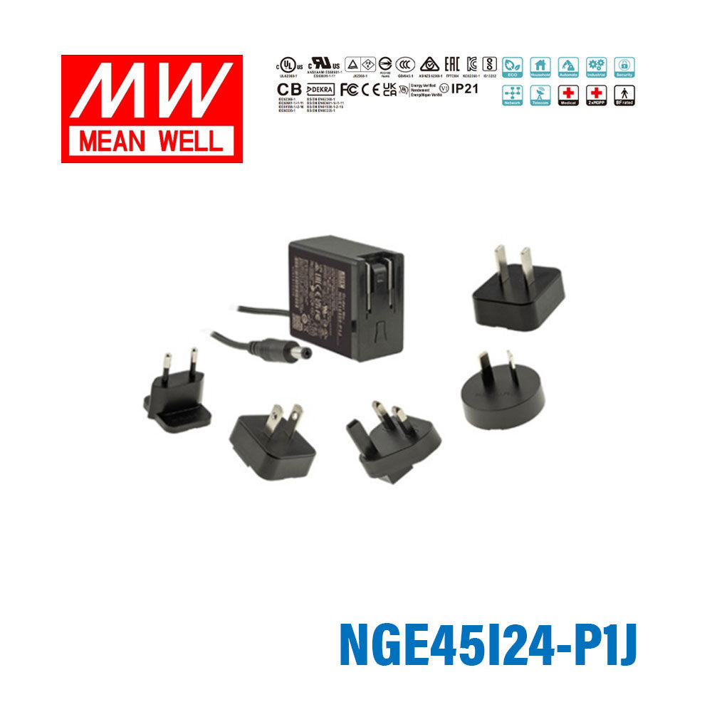 Mean Well NGE45I24-P1J AC-DC Wall-mounted Green Adaptor - Interchangeable Plug - 45.1W 24V 1.88A