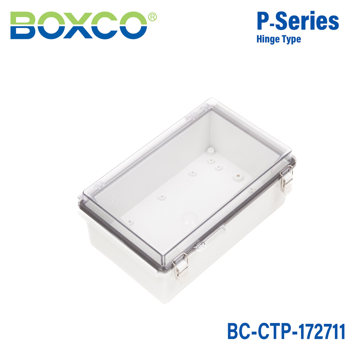 Boxco P-Series 6.69 x 10.63 x 4.33 Inches(170 x 270 x 110mm) Plastic Enclosure, IP67, IK08, PC, Transparent Cover, Molded Hinge and Latch Type