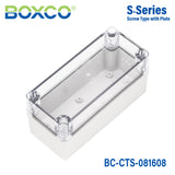 Boxco S-Series 3.15 x 6.3 x 3.35 Inches(80x160x85mm) Plastic Enclosure, IP67, IK08, PC, Transparent Cover, Screw Type