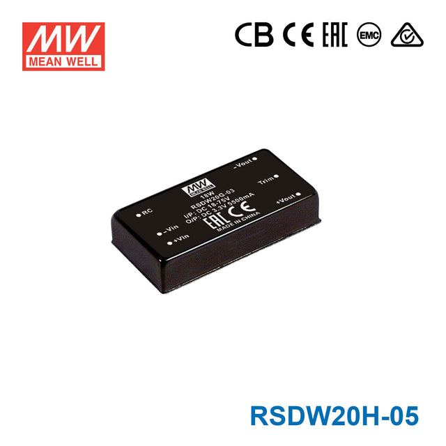 Mean Well RSDW20H-05 DC-DC Converter - 20W - 43~160V in 5V out 4A