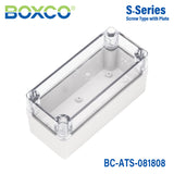 Boxco S-Series 3.15 x 7.09 x 3.35 Inches(80x180x85mm) Plastic Enclosure, IP67, IK08, ABS, Transparent Cover, Screw Type