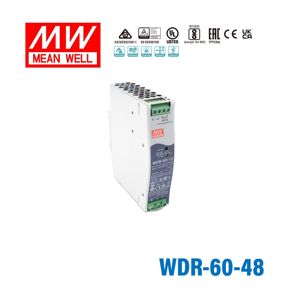 Mean Well WDR-60-48 Single Output Industrial Power Supply 60W 48V - DIN Rail