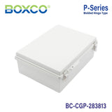 Boxco P-Series 11.02 x 14.96 x 5.12 Inches(280 x 380 x 130mm) Plastic Enclosure, IP67, IK08, PC, Grey Cover, Molded Hinge and Latch Type