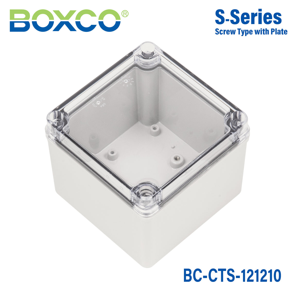 Boxco S-Series 4.92 x 4.92 x 3.94 Inches(125x125x100mm) Plastic Enclosure, IP67, IK08, PC, Transparent Cover, Screw Type