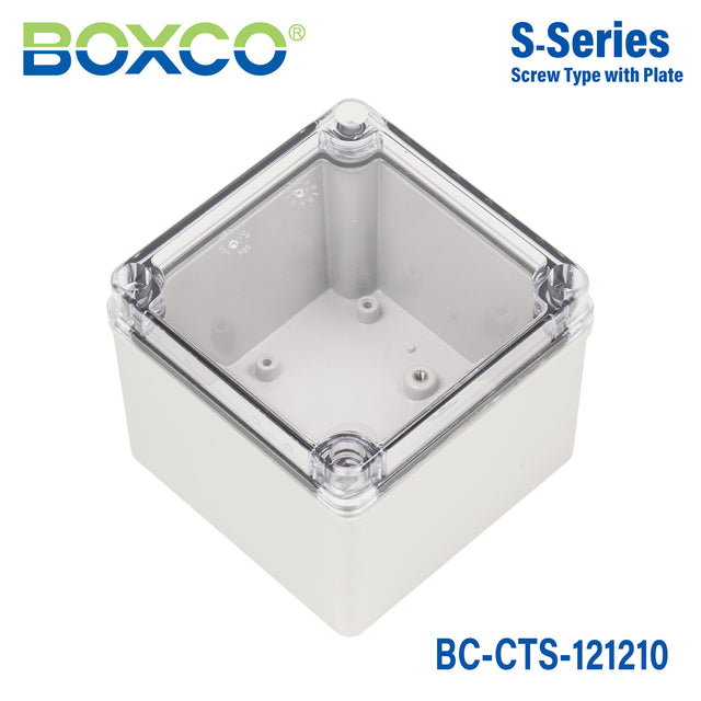 Boxco S-Series 4.92 x 4.92 x 3.94 Inches(125x125x100mm) Plastic Enclosure, IP67, IK08, PC, Transparent Cover, Screw Type