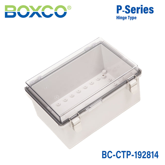 Boxco P-Series 7.48 x 11.02 x 5.51 Inches(190 x 280 x 140mm) Plastic Enclosure, IP67, IK08, PC, Transparent Cover, Molded Hinge and Latch Type