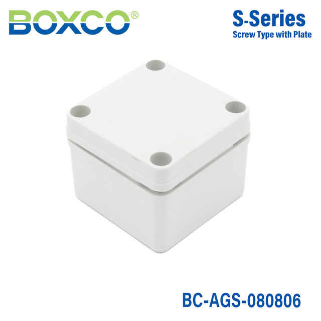 Boxco S-Series 3.15 x 3.15 x 2.36 Inches(80x80x60mm) Plastic Enclosure, IP67, IK08, ABS, Grey Cover, Screw Type