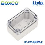 Boxco S-Series 3.15 x 5.12 x 3.35 Inches(80 x 130 x 85mm) Plastic Enclosure, IP67, IK08, PC, Transparent Cover, Screw Type