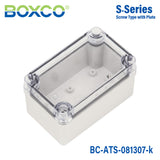 Boxco S-Series 3.15 x 5.12 x 2.76 Inches(80 x 130 x 70mm) Plastic Enclosure, IP67, IK08, ABS, Transparent Cover, Screw Type