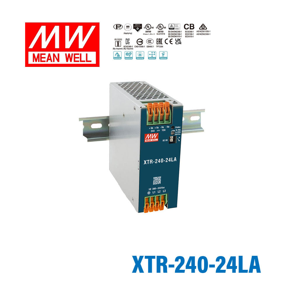 Mean Well XTR-240-24LA Three Phase Din Rail Power Supply 240W 24V - Lever-Actuated