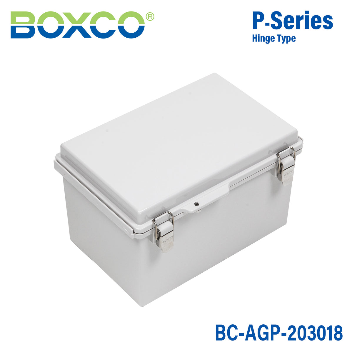 Boxco P-Series 7.87 x 11.81 x 7.09 Inches(200 x 300 x 180mm) Plastic Enclosure, IP67, IK08, ABS, Grey Cover, Molded Hinge and Latch Type