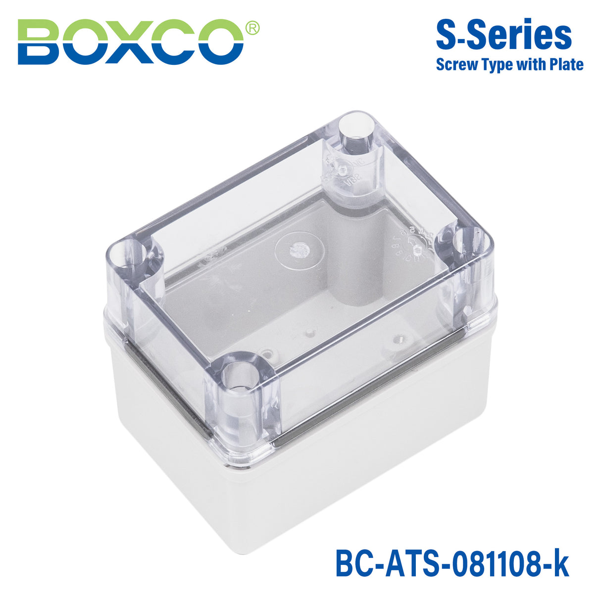 Boxco S-Series 3.15 x 4.33 x 3.35 Inches(80 x 110 x 85mm) Plastic Enclosure, IP67, IK08, ABS, Transparent Cover, Screw Type