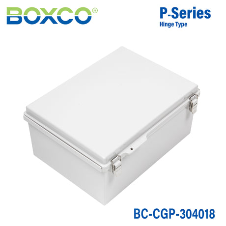 Boxco P-Series 11.81 x 15.75 x 7.09 Inches(300 x 400 x 180mm) Plastic Enclosure, IP67, IK08, PC, Grey Cover, Molded Hinge and Latch Type