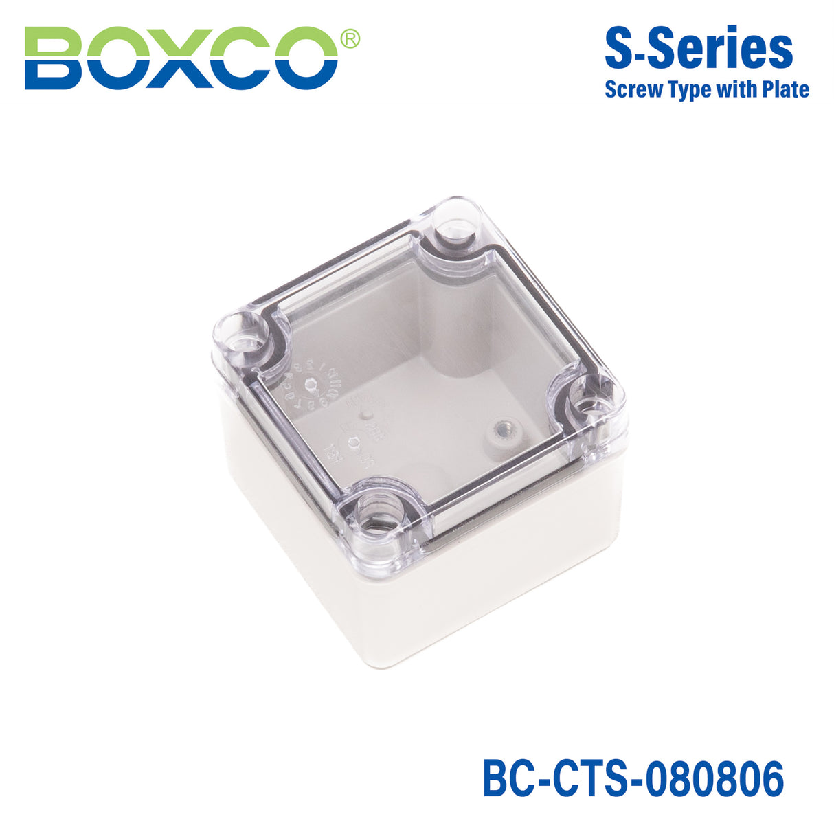 Boxco S-Series 3.15 x 3.15 x 2.36 Inches(80x80x60mm) Plastic Enclosure, IP67, IK08, PC, Transparent Cover, Screw Type