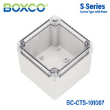 Boxco S-Series 3.94 x 3.94 x 2.95 Inches(100x100x75mm) Plastic Enclosure, IP67, IK08, PC, Transparent Cover, Screw Type